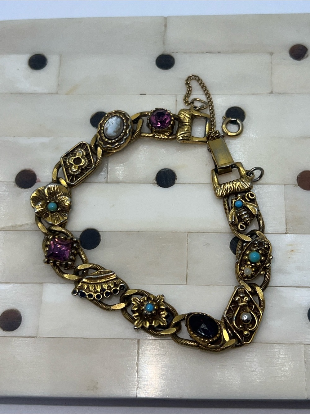 Gold-Tone Floral Bracelet with Turquoise and Purple Stones